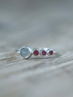 A Rose Cut Labradorite and Garnet Ring in recycled sterling silver