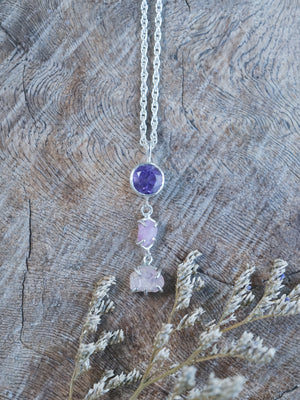 Amethyst and Raw Sapphire Necklace in recycled sterling silver