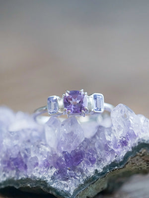 Amethyst and Sapphire Ring Together in Silver
