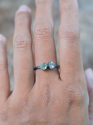 Apatite and Tanzanite Ring in oxidized recycled sterling silver