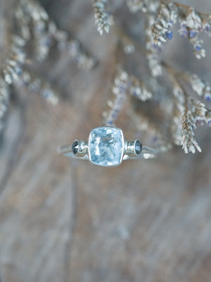 Aquamarine and Salt and Pepper Diamond Ring