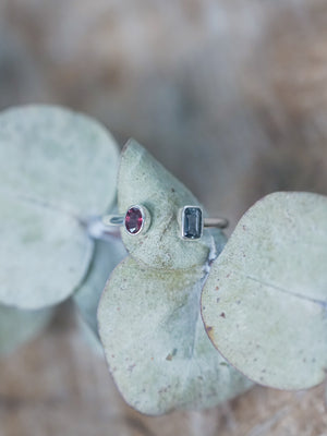 Available Open Ruby and Sapphire Ring in recycled sterling silver