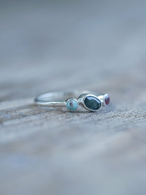 Available Turquoise, Tourmaline and Ruby Ring in recycled sterling silver