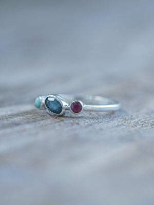 Available Turquoise, Tourmaline and Ruby Ring in recycled sterling silver | US size
