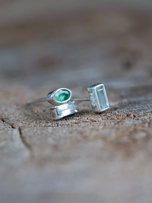Mismatched Emerald and Aquamarine Stud Earrings in Sterling Silver