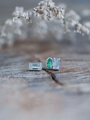 Mismatched Emerald and Aquamarine Earrings in Silver