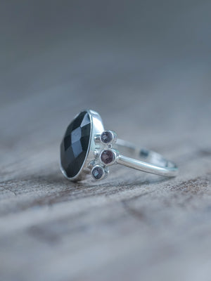 Black Onyx and 3 Purple Spinel Ring in Recycled sterling silver | sustainable jewelry