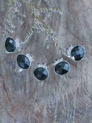 Black Onyx and Purple Spinel Rings in Recycled sterling silver