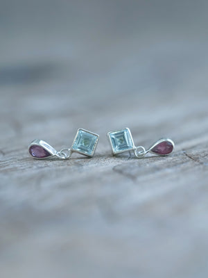 Blue Topaz and Garnet Earrings in recycled sterling silver