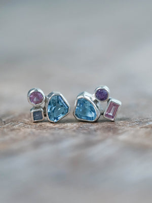 Blue Topaz and Sapphire Stud Earrings in Sterling Silver
