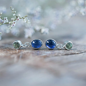 Dangling Kyanite and Green Sapphire Stud Earrings in Silver