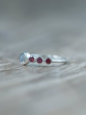 Detailed Rose Cut Labradorite and Garnet Ring in sterling silver