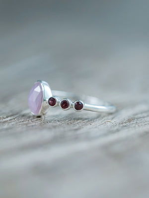 Detailed Rose Cut Pink Sapphire and Garnet Ring in recycled sterling silver