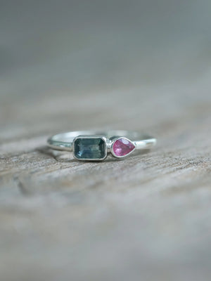 Teal and Pink Emerald Cut Sapphire Ring