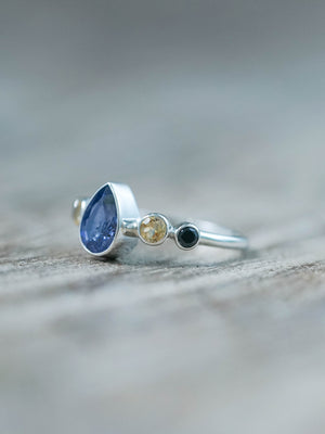 Ethical Purple Spotted Sapphire, Citrine and Black Spinel Ring in Sterling Silver