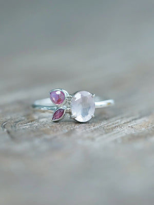 Ethical Rose Quartz, Ruby, and Pink Sapphire Ring