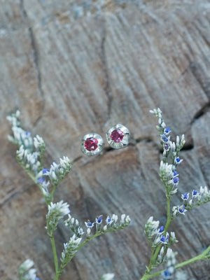 Garnet Flower Earrings Stud in Sterling Silver