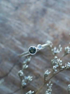 Green Sapphire and Rainbow Moonstone Eco Friendly Ring