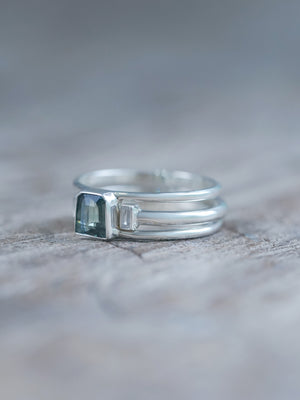 Green Sapphire and Zircon Ring Set - recycled sterling silver | US size ring 8