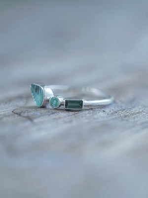 Green Tourmaline and Emerald Leaf Ring in recycled sterling silver