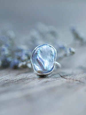 Hammered Keshi Pearl Ring in recycled sterling silver