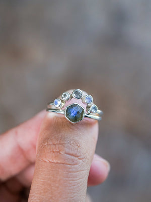 Hexagon Labradorite and Moonstone Ring Set