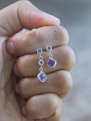 Mismatched Dangling Amethyst and Tanzanite Earrings - Gardens of the Sun | Ethical Jewelry