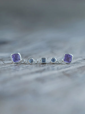 Mismatched Dangling Amethyst and Tanzanite Earrings - Gardens of the Sun | Ethical Jewelry