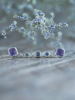 Mismatched Dangling Amethyst and Tanzanite Earrings - Gardens of the Sun | Ethical Jewelry