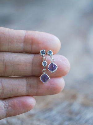 Mismatched Dangling Amethyst and Tanzanite Earrings - Gardens of the Sun | Ethical Jewelry