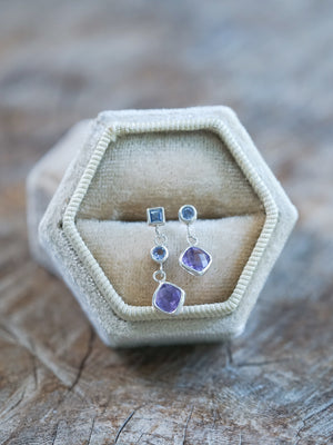 Mismatched Dangling Amethyst and Tanzanite Earrings - Gardens of the Sun | Ethical Jewelry