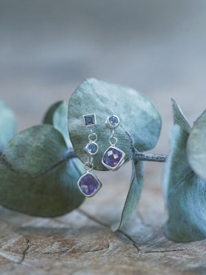 Mismatched Dangling Amethyst and Tanzanite Earrings - Gardens of the Sun | Ethical Jewelry