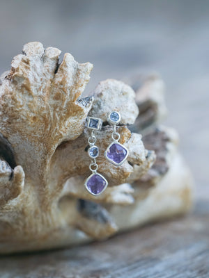 Mismatched Dangling Amethyst and Tanzanite Earrings - Gardens of the Sun | Ethical Jewelry