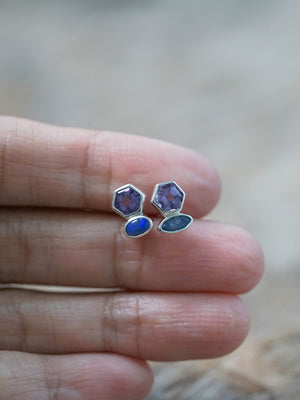 Mismatched Amethyst, Tanzanite, and Opal Earrings in Silver