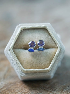 Mismatched Amethyst, Tanzanite, and Opal Stud Earrings in Recycled Sterling Silver