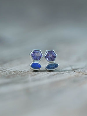 Mismatched Amethyst, Tanzanite, and Opal Stud Earrings in Silver