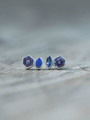 Mismatched Amethyst, Tanzanite, and Opal Stud Earrings in Sterling Silver