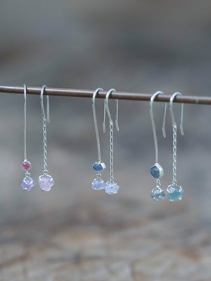 Mismatched Rough Blue and Pink Sapphire Dangling Earrings in Sterling Silver