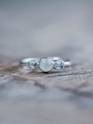 Moonstone and Pale Blue Sapphire Ring in Sterling Silver