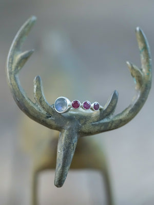 One of a kind Rose Cut Labradorite and Garnet Ring in sterling silver