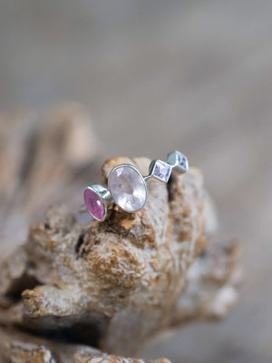 Oval Rose Quartz and Sapphire Ring in Sterling Silver
