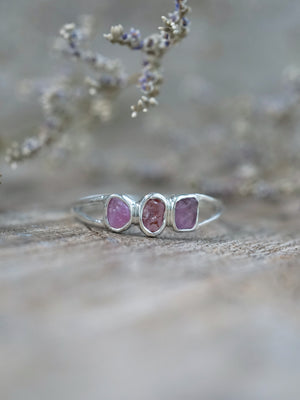 Pink and Purple Three Stone Raw Sapphire Ring in recycled sterling silver