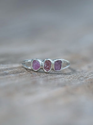Pink and Purple Three Stone Raw Sapphire Ring using recycled sterling silver