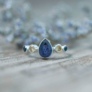 Purple Spotted Sapphire, Citrine and Black Spinel Ring in Silver