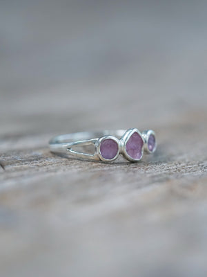 Purple Three Stone Raw Sapphire Ring using recycled sterling silver in detail