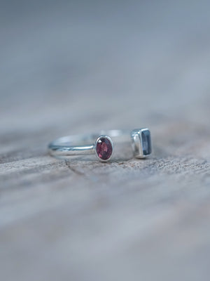 Ready to Ship Open Ruby and Sapphire Ring in sterling silver
