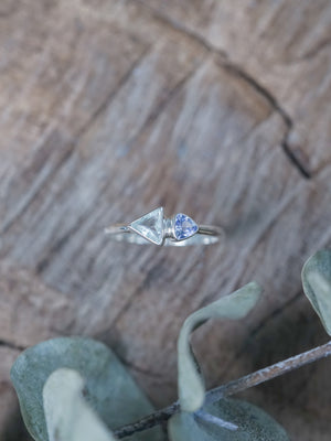 Ready to Ship Triangle Aquamarine and Tanzanite Ring in recycled sterling silver
