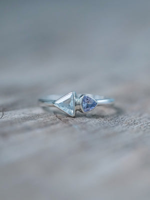 Ready to Ship Triangle Aquamarine and Tanzanite Ring in sterling silver