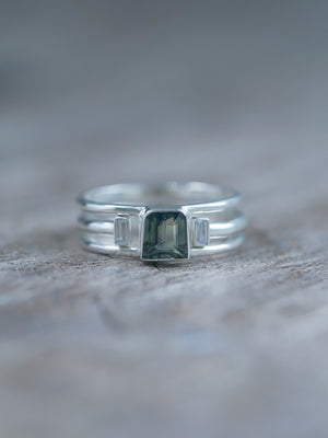 Ready to ship US size 8 | Green Sapphire and Zircon Ring Set - recycled sterling silver