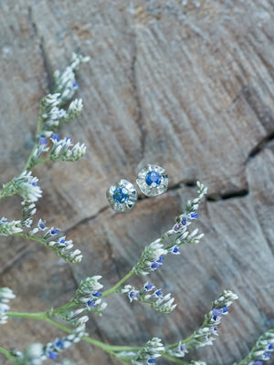 Real Blue Sapphire Flower Earrings Studs